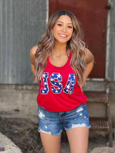 USA Tee & Tank with Stars in Blue Glitter🩷