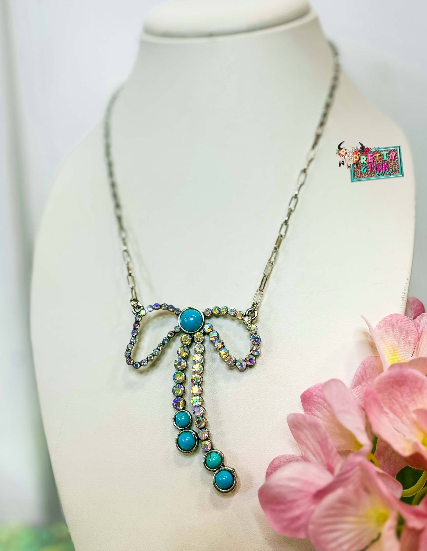 Turquoise Sparkle Bow Necklace
