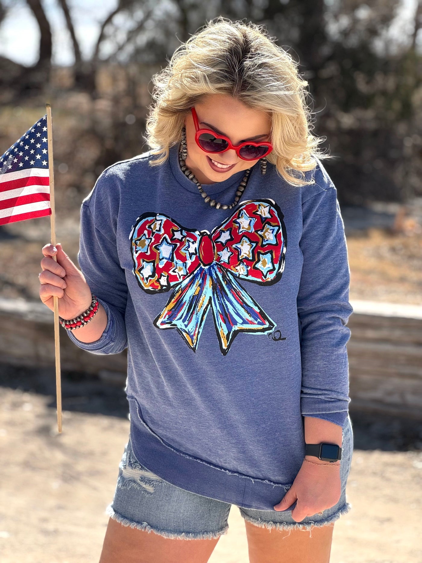 Callie Ann Stelter Patriotic Bow Poncho Sweatshirt🩷