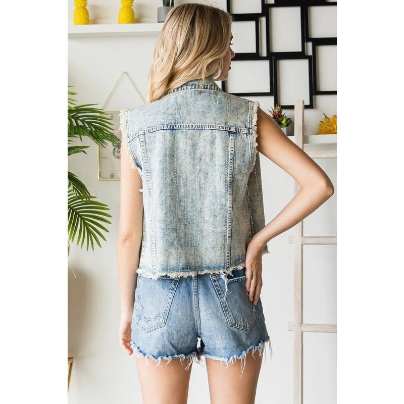 Rhinestone Color Denim Vest