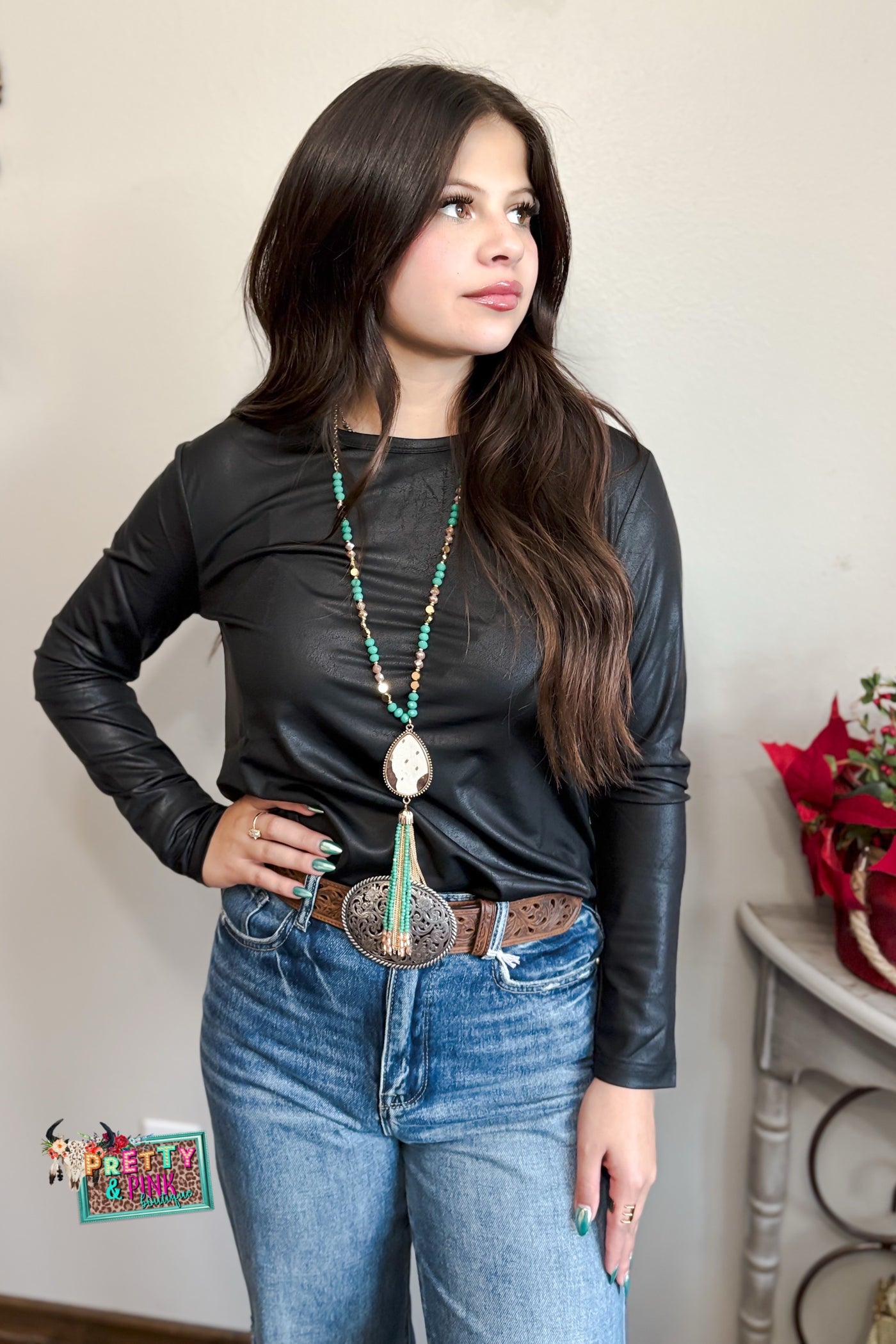 Swanky Leather Long Sleeve Top- Black