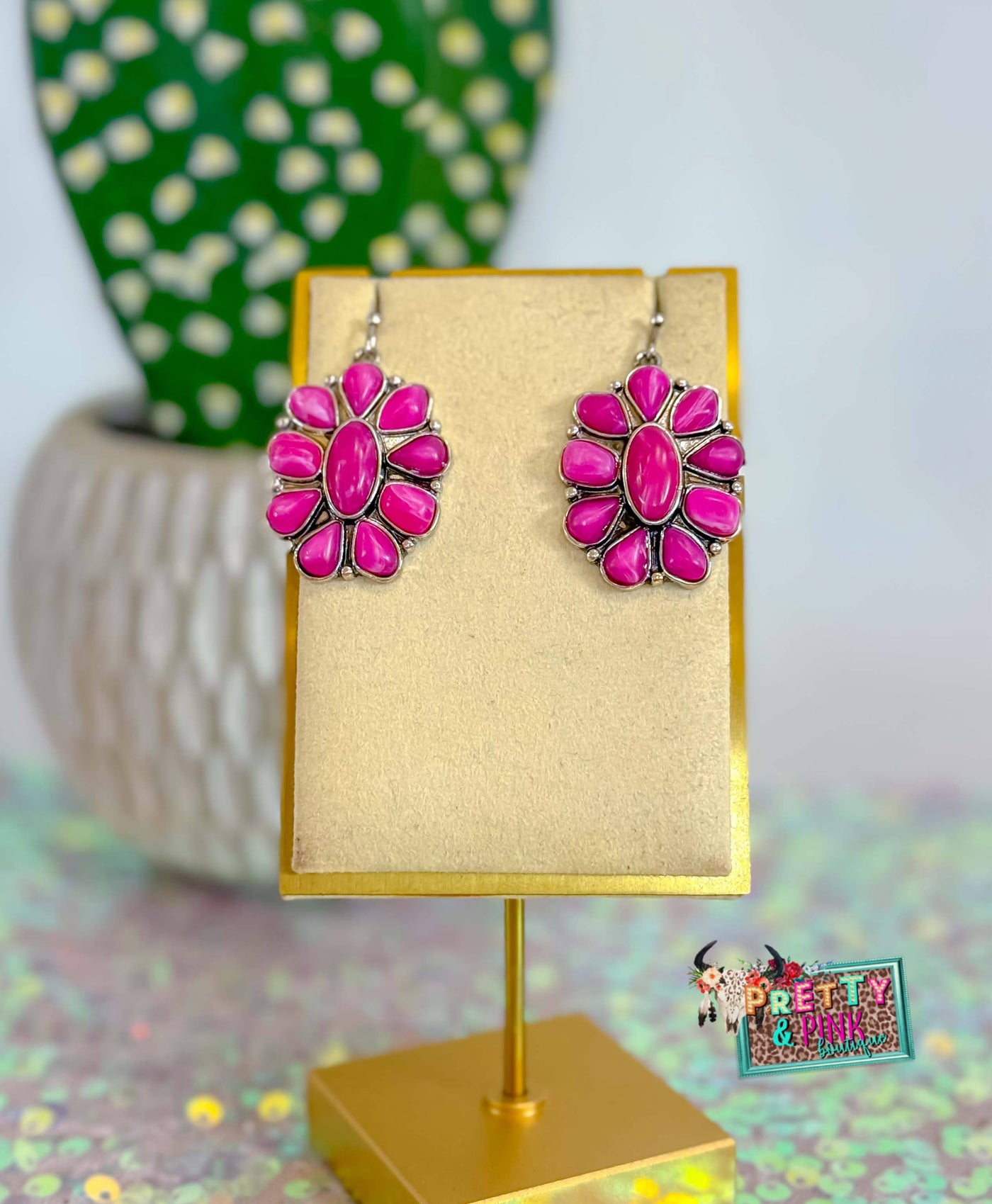 Fuchsia Agate Concho Earrings