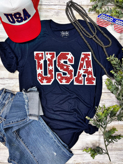 USA Tee & Tank with Stars in Red Glitter