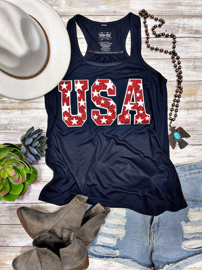USA Tee & Tank with Stars in Red Glitter