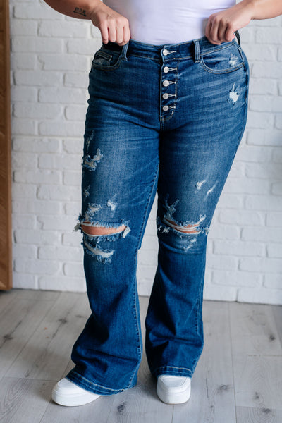 Gabriella Mid Rise Distressed Button Fly Flare Jeans🩷