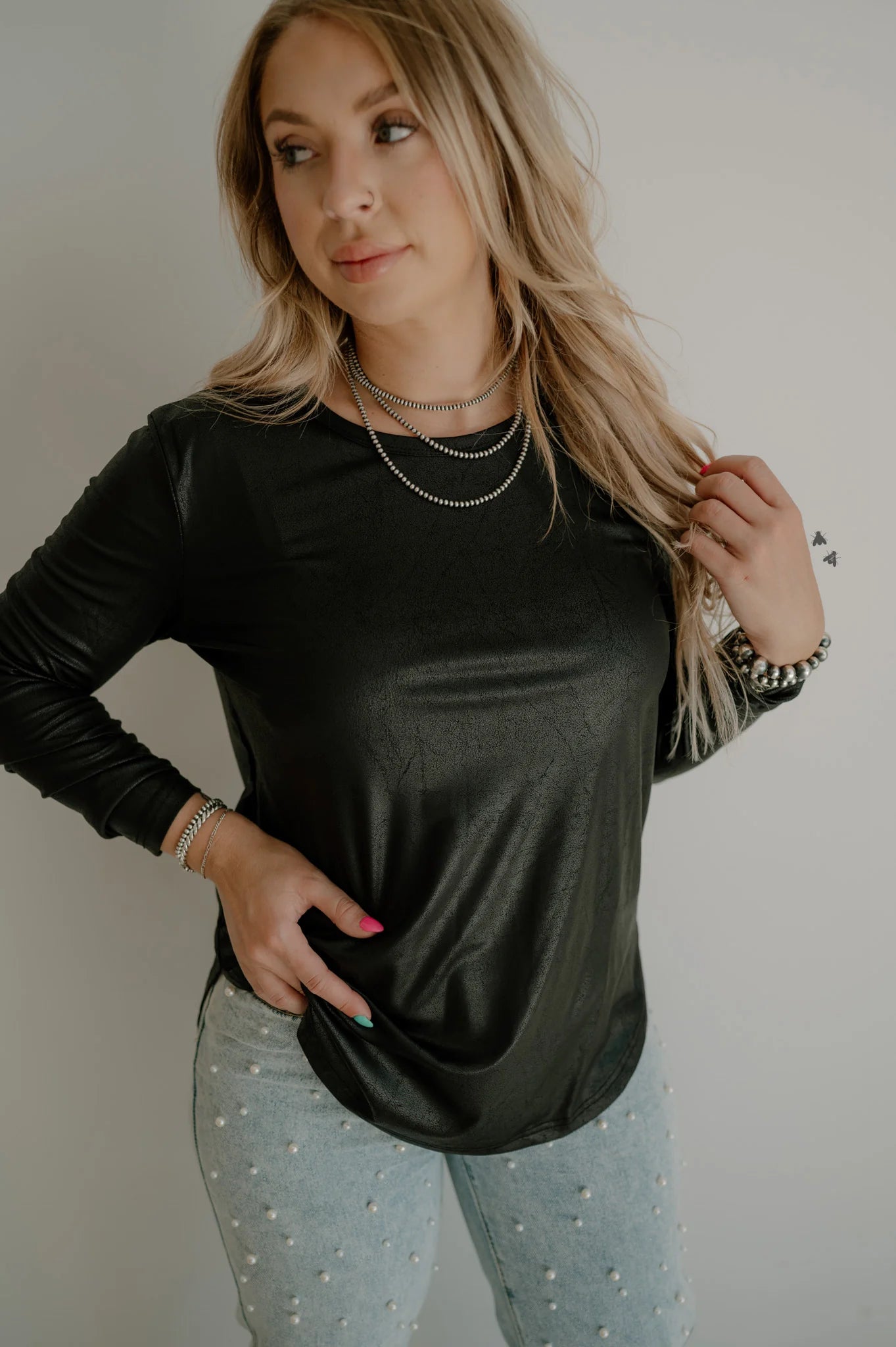 Swanky Leather Long Sleeve Top- Black