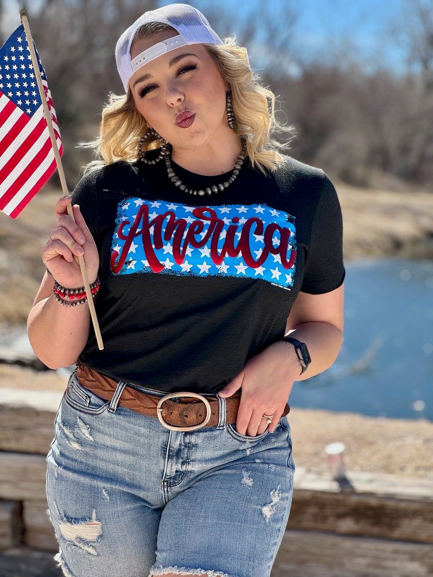 America on Stars in Red Metallic Puff Tee🩷