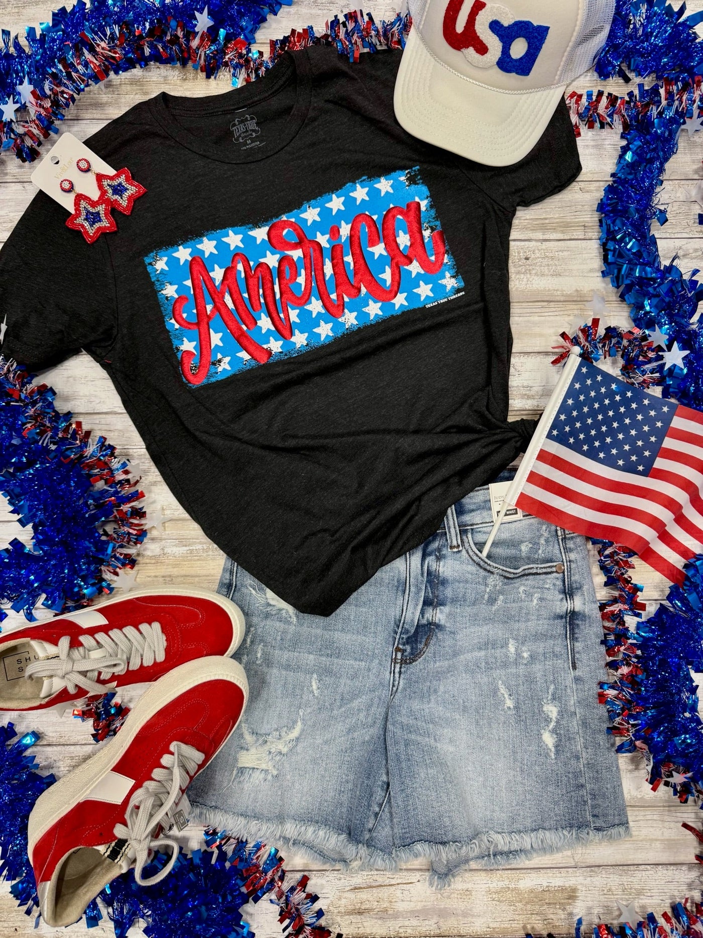 America on Stars in Red Metallic Puff Tee🩷