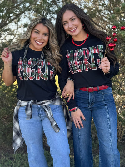 Merry in Red & Green Plaid Tee